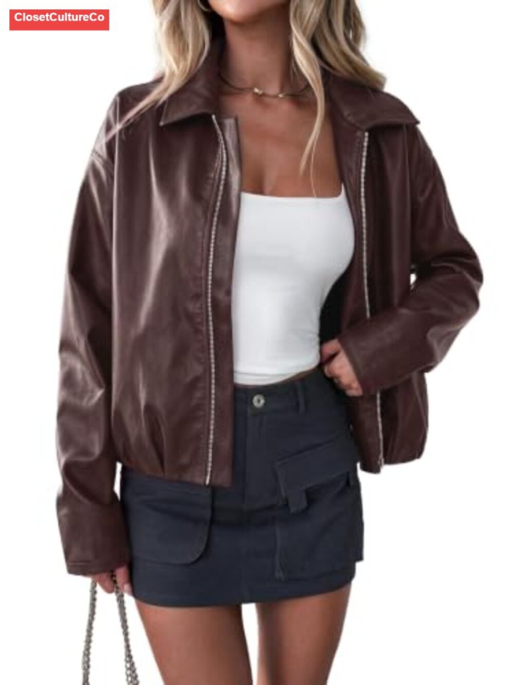 Faux Leather Motorcycle Jacket Cropped Zip-Up Fall Coat